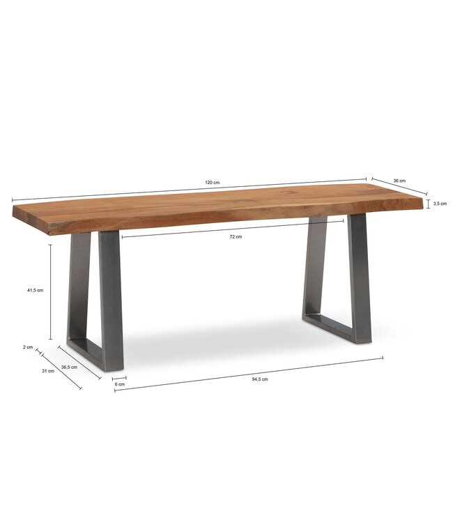 Wohnling kledingkastbank 120x40x45,5 cm acacia massief hout / metaal met boomrand, halbank massief houten bank zonder rugleuning, halbank moderne entree kleine trapeziumpoten chroom