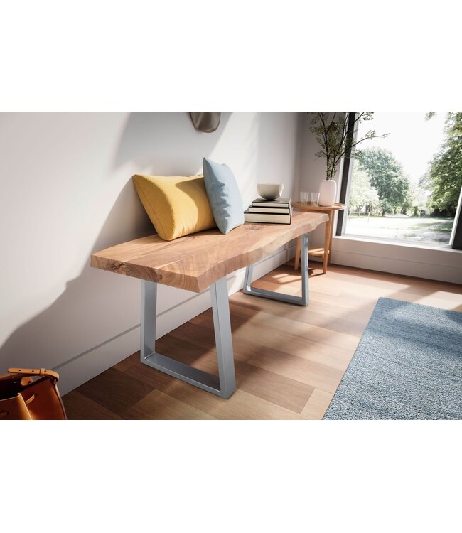 Wohnling kledingkastbank 120x40x45,5 cm acacia massief hout / metaal met boomrand, halbank massief houten bank zonder rugleuning, halbank moderne entree kleine trapeziumpoten chroom