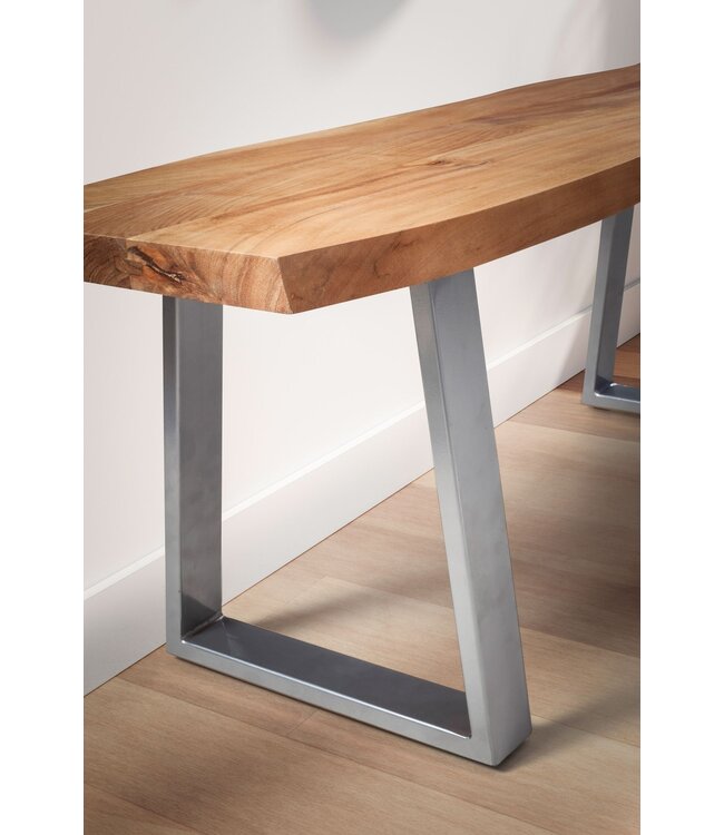 Wohnling kledingkastbank 120x40x45,5 cm acacia massief hout / metaal met boomrand, halbank massief houten bank zonder rugleuning, halbank moderne entree kleine trapeziumpoten chroom