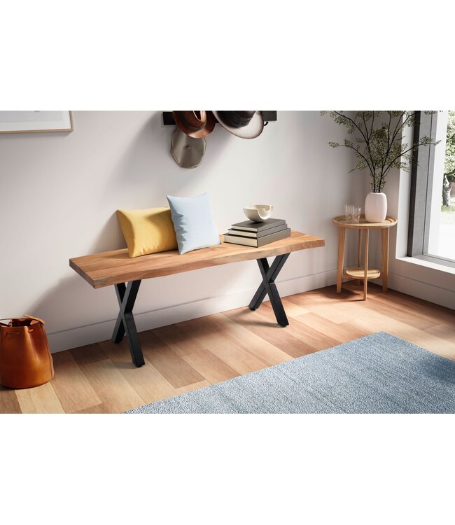 Wohnling kledingkastbank 120x40x45,5 cm acacia massief hout / metaal met boomrand, halbank massief houten bank zonder rugleuning, halbank moderne entree kleine X-poten zwart