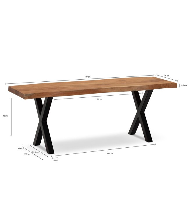 Wohnling kledingkastbank 120x40x45,5 cm acacia massief hout / metaal met boomrand, halbank massief houten bank zonder rugleuning, halbank moderne entree kleine X-poten zwart
