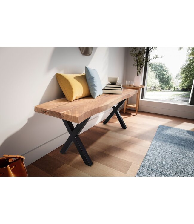 Wohnling kledingkastbank 120x40x45,5 cm acacia massief hout / metaal met boomrand, halbank massief houten bank zonder rugleuning, halbank moderne entree kleine X-poten zwart