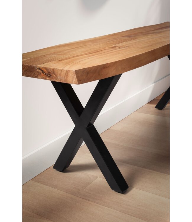 Wohnling kledingkastbank 120x40x45,5 cm acacia massief hout / metaal met boomrand, halbank massief houten bank zonder rugleuning, halbank moderne entree kleine X-poten zwart