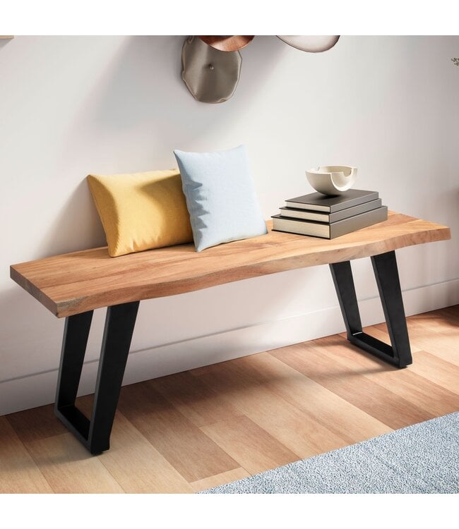 Wohnling kledingkastbank 120x40x45,5 cm acacia massief hout / metaal met boomrand, halbank massief houten bank zonder rugleuning, halbank moderne entree kleine U-poten zwart