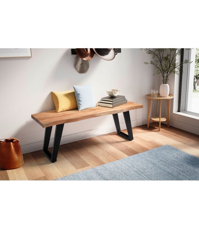 Wohnling kledingkastbank 120x40x45,5 cm acacia massief hout / metaal met boomrand, halbank massief houten bank zonder rugleuning, halbank moderne entree kleine U-poten zwart