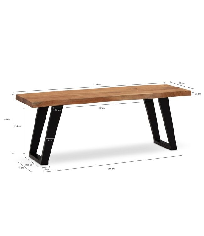 Wohnling kledingkastbank 120x40x45,5 cm acacia massief hout / metaal met boomrand, halbank massief houten bank zonder rugleuning, halbank moderne entree kleine U-poten zwart