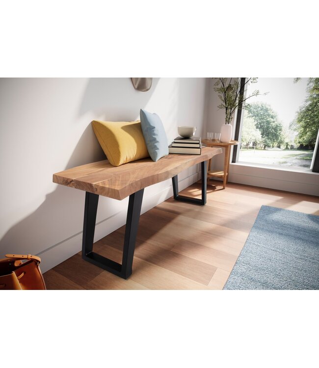 Wohnling kledingkastbank 120x40x45,5 cm acacia massief hout / metaal met boomrand, halbank massief houten bank zonder rugleuning, halbank moderne entree kleine U-poten zwart