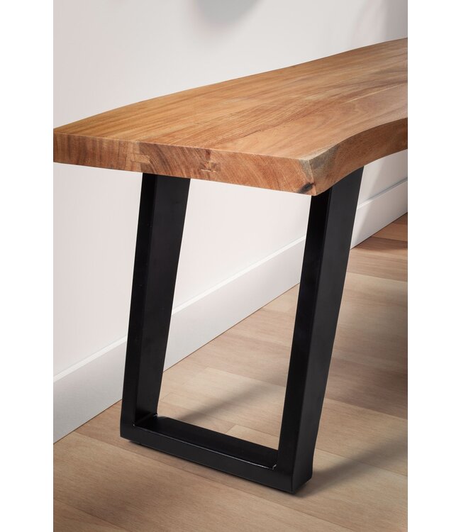 Wohnling kledingkastbank 120x40x45,5 cm acacia massief hout / metaal met boomrand, halbank massief houten bank zonder rugleuning, halbank moderne entree kleine U-poten zwart