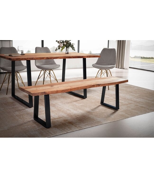Wohnling eetkamerbank 120x40x45,5 cm acacia massief hout / metaal met boomrand, eettafelbank massief houten bank zonder rugleuning, keukenbank eetbank modern, eetkamerbank klein