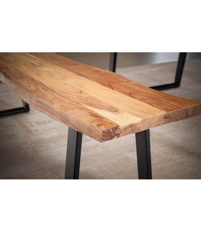 Wohnling eetkamerbank 120x40x45,5 cm acacia massief hout / metaal met boomrand, eettafelbank massief houten bank zonder rugleuning, keukenbank eetbank modern, eetkamerbank klein