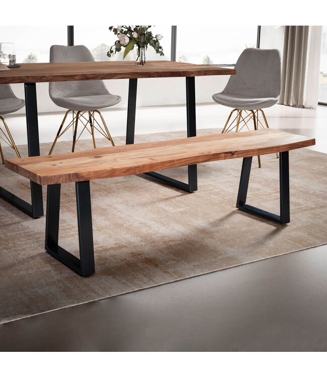 Wohnling eetkamerbank 140x40x45,5 cm acacia massief hout / metaal met boomrand, eettafelbank massief houten bank zonder rugleuning, keukenbank eetbank modern, eetkamerbank klein