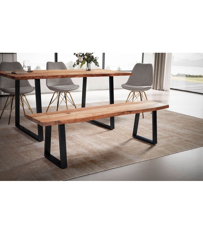 Wohnling eetkamerbank 140x40x45,5 cm acacia massief hout / metaal met boomrand, eettafelbank massief houten bank zonder rugleuning, keukenbank eetbank modern, eetkamerbank klein