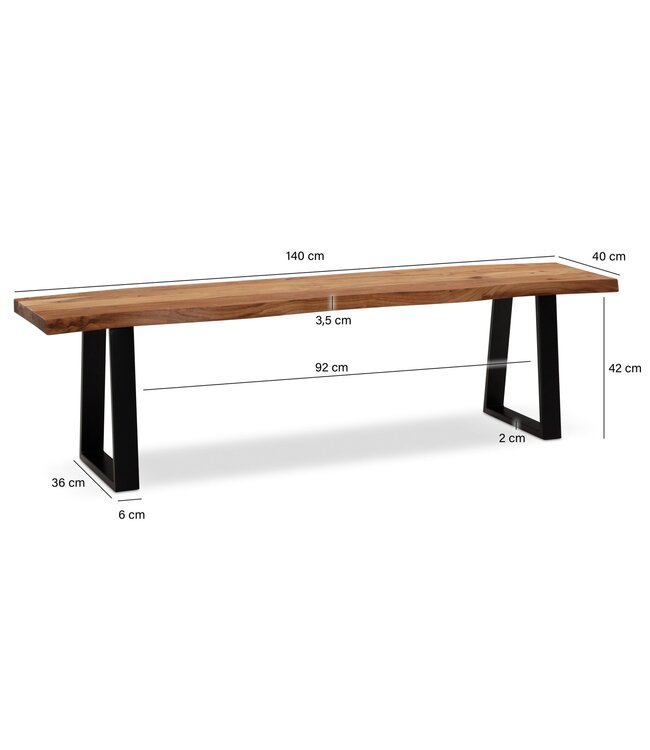 Wohnling eetkamerbank 140x40x45,5 cm acacia massief hout / metaal met boomrand, eettafelbank massief houten bank zonder rugleuning, keukenbank eetbank modern, eetkamerbank klein