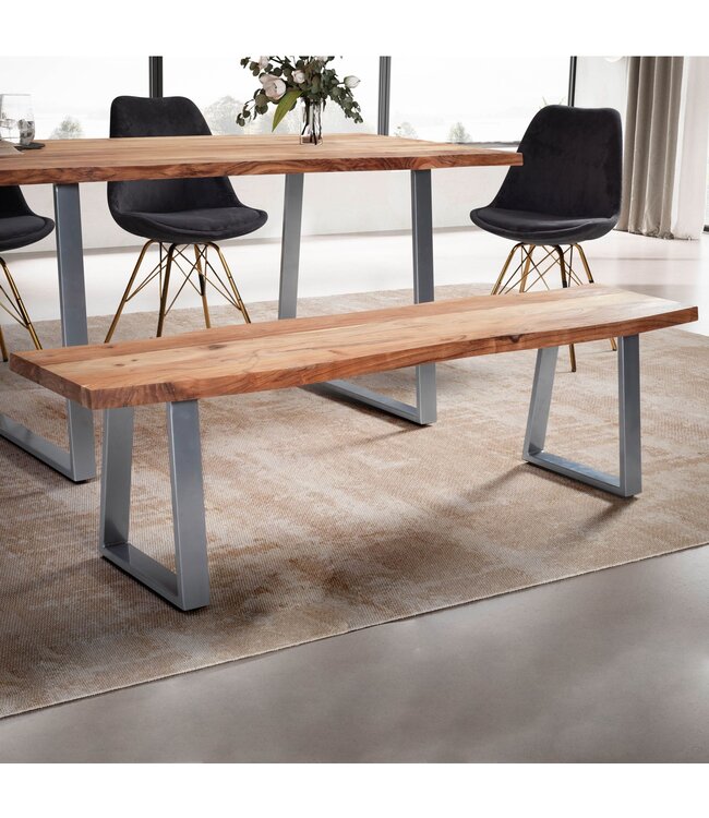 Wohnling eetkamerbank 120x40x45,5 cm acacia massief hout / metaal met boomrand, eettafelbank massief houten bank zonder rugleuning, keukenbank chroom eetkamerbank modern, eetkamerbank klein