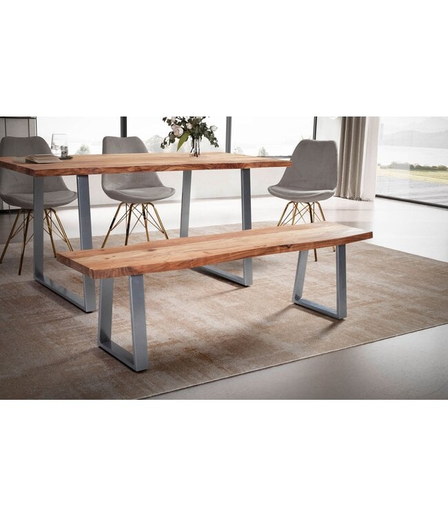Wohnling eetkamerbank 120x40x45,5 cm acacia massief hout / metaal met boomrand, eettafelbank massief houten bank zonder rugleuning, keukenbank chroom eetkamerbank modern, eetkamerbank klein