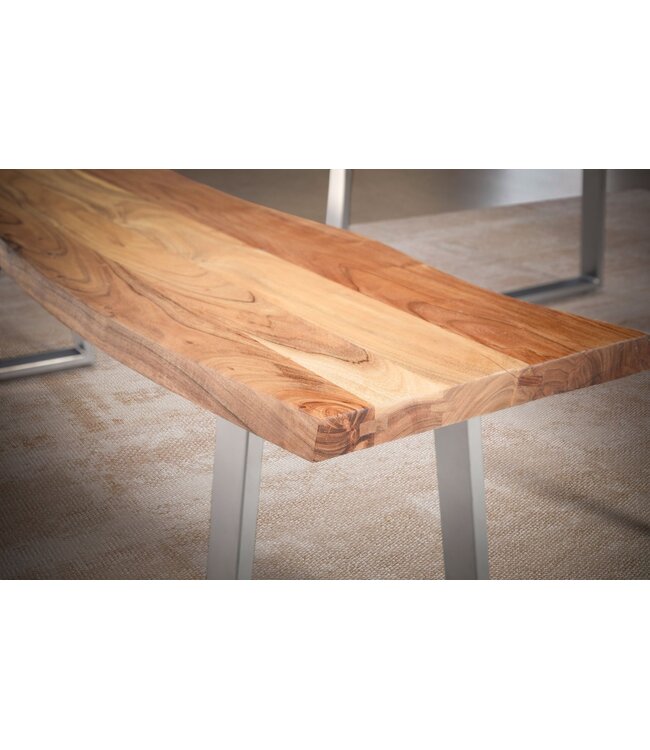 Wohnling eetkamerbank 120x40x45,5 cm acacia massief hout / metaal met boomrand, eettafelbank massief houten bank zonder rugleuning, keukenbank chroom eetkamerbank modern, eetkamerbank klein