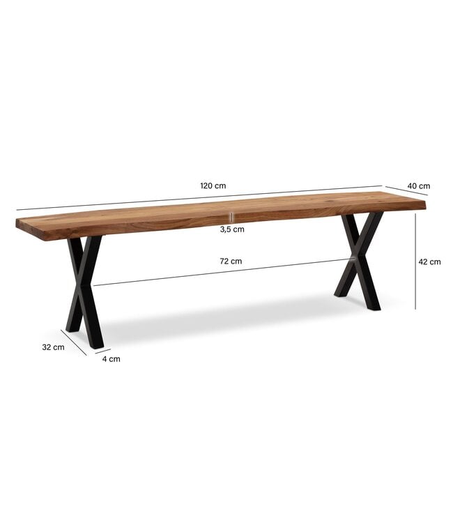 Wohnling eetkamerbank 120x40x45,5 cm acacia massief hout / metaal met boomrand, eettafelbank modern, massief houten bank zonder rugleuning, keukenbank eetbank met X-poten, kleine eetkamerbank