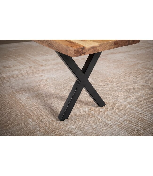 Wohnling eetkamerbank 120x40x45,5 cm acacia massief hout / metaal met boomrand, eettafelbank modern, massief houten bank zonder rugleuning, keukenbank eetbank met X-poten, kleine eetkamerbank