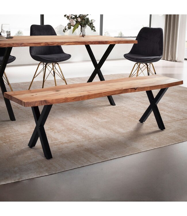 Wohnling eetkamerbank 140x40x45,5 cm acacia massief hout / metaal met boomrand, eettafelbank modern, massief houten bank zonder rugleuning, keukenbank eetbank met X-poten, kleine eetkamerbank