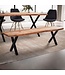 Wohnling eetkamerbank 140x40x45,5 cm acacia massief hout / metaal met boomrand, eettafelbank modern, massief houten bank zonder rugleuning, keukenbank eetbank met X-poten, kleine eetkamerbank