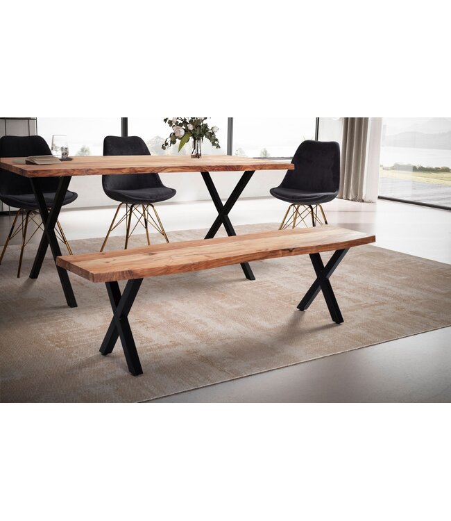 Wohnling eetkamerbank 140x40x45,5 cm acacia massief hout / metaal met boomrand, eettafelbank modern, massief houten bank zonder rugleuning, keukenbank eetbank met X-poten, kleine eetkamerbank