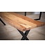 Wohnling eetkamerbank 140x40x45,5 cm acacia massief hout / metaal met boomrand, eettafelbank modern, massief houten bank zonder rugleuning, keukenbank eetbank met X-poten, kleine eetkamerbank