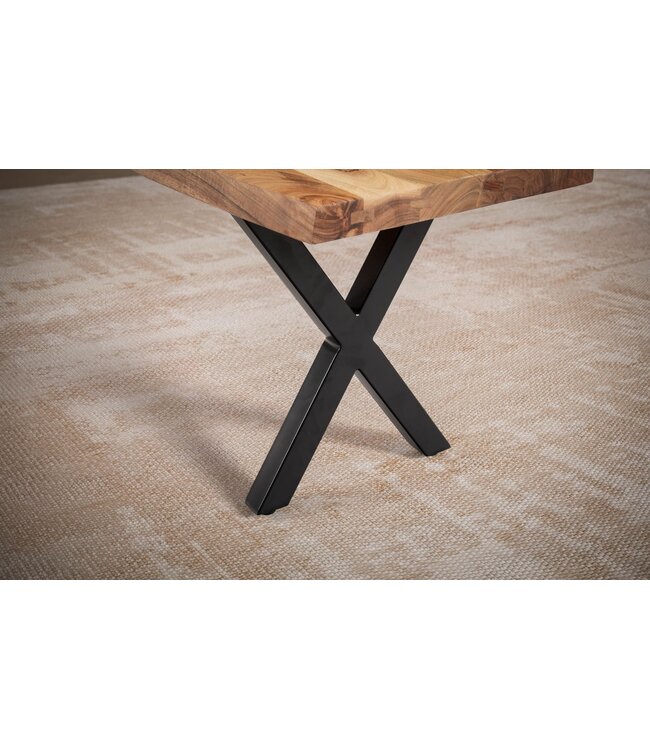 Wohnling eetkamerbank 140x40x45,5 cm acacia massief hout / metaal met boomrand, eettafelbank modern, massief houten bank zonder rugleuning, keukenbank eetbank met X-poten, kleine eetkamerbank