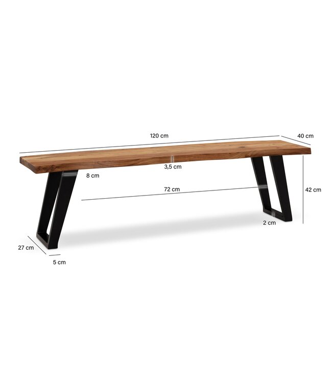 Wohnling eetkamerbank 120x40x45,5 cm acacia massief hout / metaal met boomrand, eettafelbank modern, massief houten bank zonder rugleuning, keukenbank eetbank met U-poten, kleine eetkamerbank
