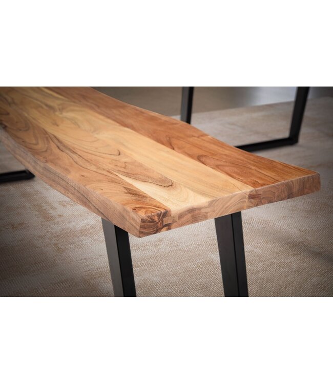 Wohnling eetkamerbank 120x40x45,5 cm acacia massief hout / metaal met boomrand, eettafelbank modern, massief houten bank zonder rugleuning, keukenbank eetbank met U-poten, kleine eetkamerbank