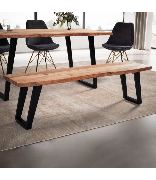 Wohnling eetkamerbank 140x40x45,5 cm acacia massief hout / metaal met boomrand, eettafelbank modern, massief houten bank zonder rugleuning, keukenbank eetbank met U-poten, kleine eetkamerbank