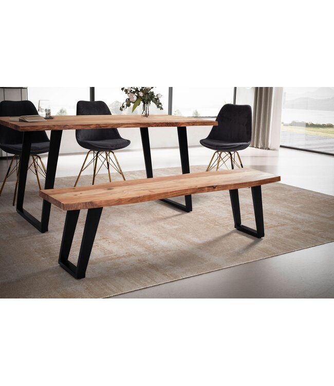 Wohnling eetkamerbank 140x40x45,5 cm acacia massief hout / metaal met boomrand, eettafelbank modern, massief houten bank zonder rugleuning, keukenbank eetbank met U-poten, kleine eetkamerbank