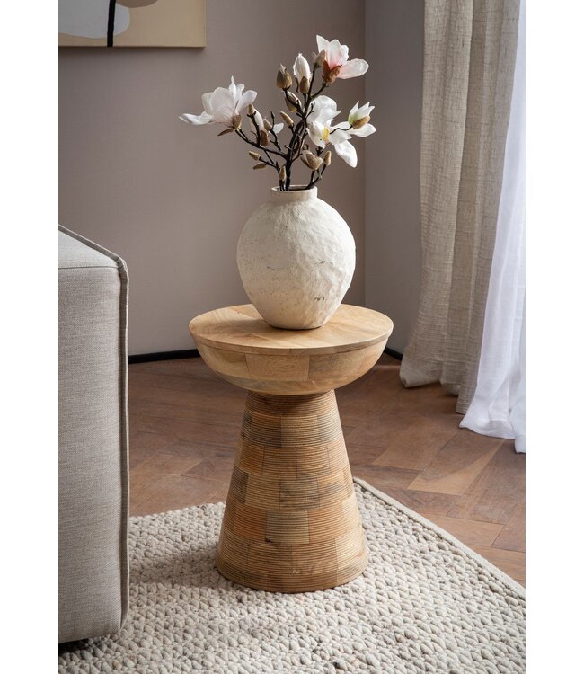 Wohnling Bijzettafel Mango Massief Hout Natuurlijk Gebleekt 37x37x45 cm Bijzettafel, Kleine Bijzettafel Lichtbruin Rond, Woonkamertafel Bank Gegroefd Patroon Modern, Sofatafel Bloementafel Hoog