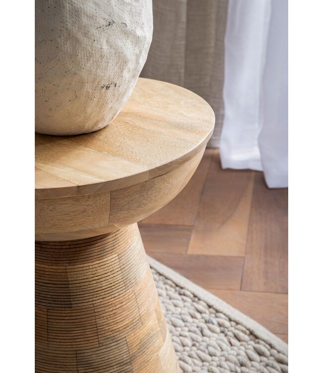 Wohnling Bijzettafel Mango Massief Hout Natuurlijk Gebleekt 37x37x45 cm Bijzettafel, Kleine Bijzettafel Lichtbruin Rond, Woonkamertafel Bank Gegroefd Patroon Modern, Sofatafel Bloementafel Hoog