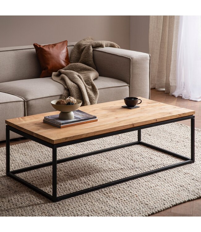 Wohnling salontafel 120x60x40 cm acacia massief hout metalen salontafel rechthoekig, design woonkamertafel met natuurlijke houtnerf, salontafel woonkamer modern