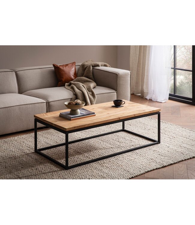 Wohnling salontafel 120x60x40 cm acacia massief hout metalen salontafel rechthoekig, design woonkamertafel met natuurlijke houtnerf, salontafel woonkamer modern