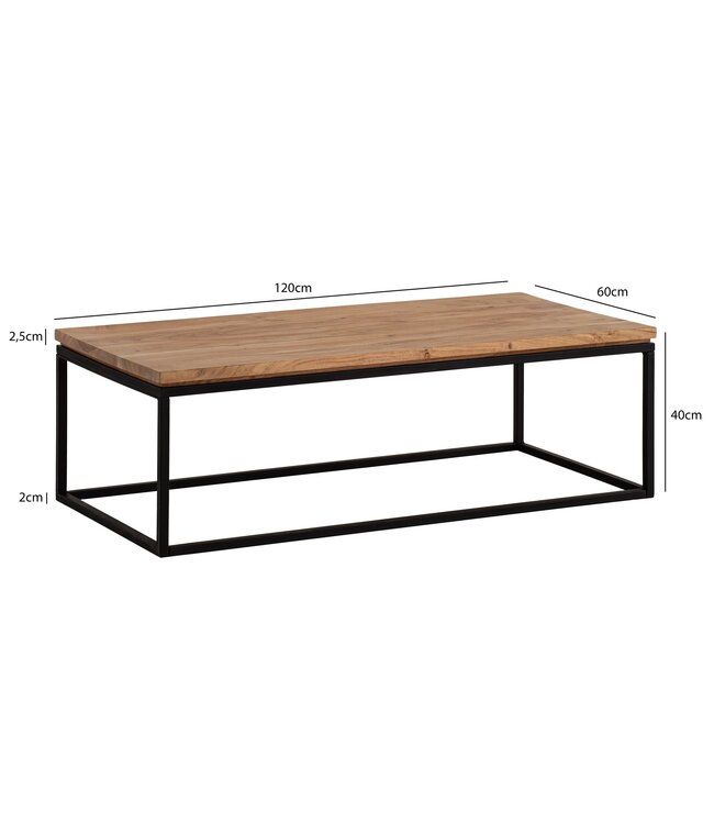 Wohnling salontafel 120x60x40 cm acacia massief hout metalen salontafel rechthoekig, design woonkamertafel met natuurlijke houtnerf, salontafel woonkamer modern