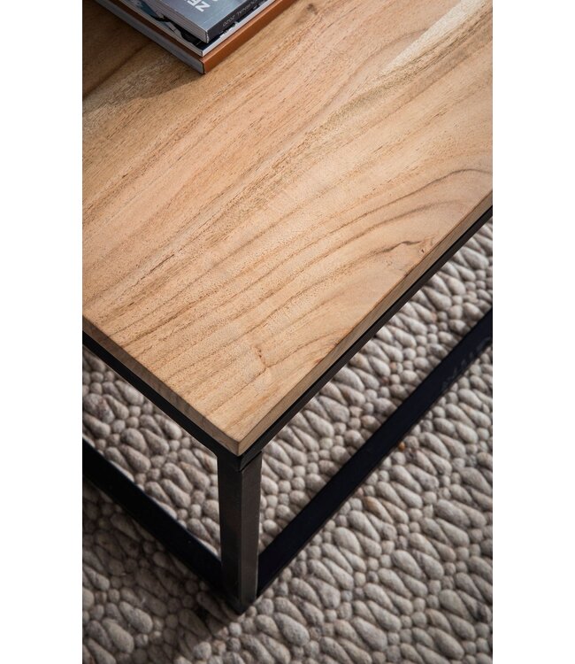 Wohnling salontafel 120x60x40 cm acacia massief hout metalen salontafel rechthoekig, design woonkamertafel met natuurlijke houtnerf, salontafel woonkamer modern