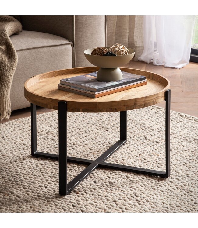Wohnling Salontafel 60x60x36 cm Acacia Massief Hout Metaal Lichtbruin Ronde Salontafel, Design Woonkamertafel met Opstaande Rand, Industriële Salontafel Woonkamer Modern