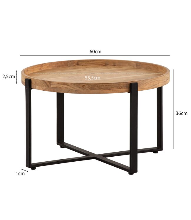 Wohnling Salontafel 60x60x36 cm Acacia Massief Hout Metaal Lichtbruin Ronde Salontafel, Design Woonkamertafel met Opstaande Rand, Industriële Salontafel Woonkamer Modern