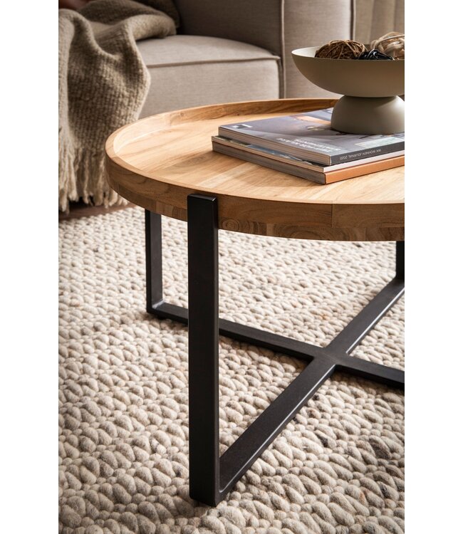 Wohnling Salontafel 60x60x36 cm Acacia Massief Hout Metaal Lichtbruin Ronde Salontafel, Design Woonkamertafel met Opstaande Rand, Industriële Salontafel Woonkamer Modern