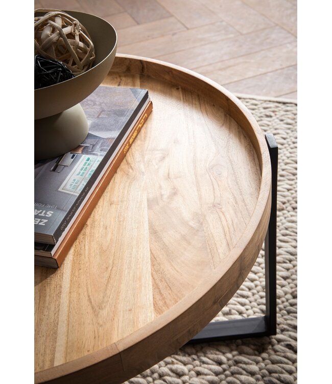 Wohnling Salontafel 60x60x36 cm Acacia Massief Hout Metaal Lichtbruin Ronde Salontafel, Design Woonkamertafel met Opstaande Rand, Industriële Salontafel Woonkamer Modern