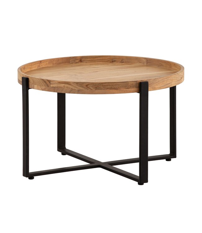 Wohnling Salontafel 60x60x36 cm Acacia Massief Hout Metaal Lichtbruin Ronde Salontafel, Design Woonkamertafel met Opstaande Rand, Industriële Salontafel Woonkamer Modern
