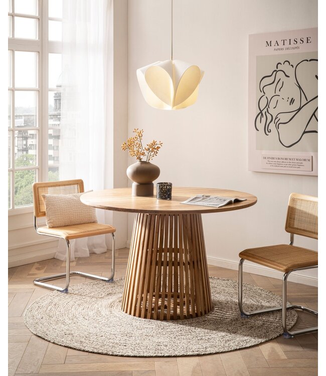 Wohnling Eetkamertafel 120x120x77 cm Acacia Massief Hout Lichtbruin Eettafel Modern, Massieve Keukentafel met Latwerk Frame, Houten Tafel Eetkamer Rond, Kleine Eettafel Hout