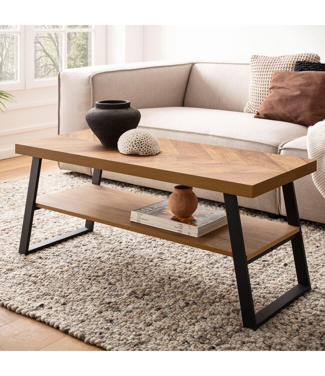 Wohnling salontafel 100x40x41 cm salontafel bruin met visgraatmotief, design woonkamertafel rechthoekig, salontafel modern met plank, salontafel met metalen frame