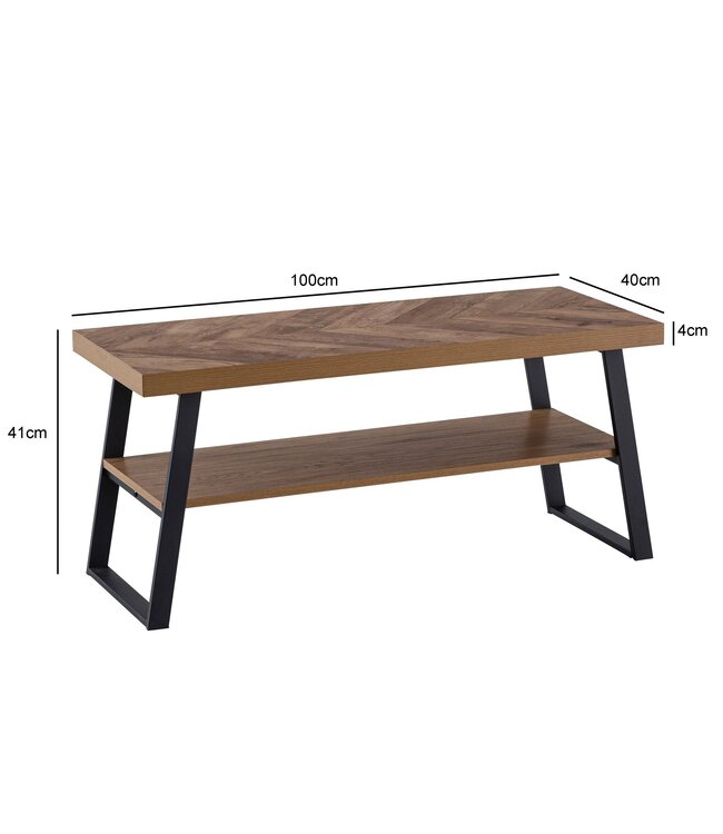Wohnling salontafel 100x40x41 cm salontafel bruin met visgraatmotief, design woonkamertafel rechthoekig, salontafel modern met plank, salontafel met metalen frame