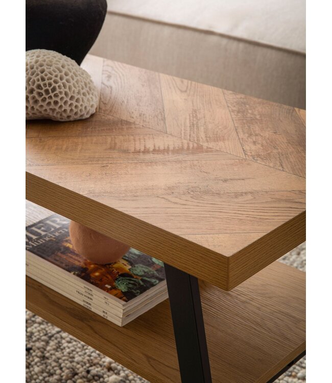 Wohnling salontafel 100x40x41 cm salontafel bruin met visgraatmotief, design woonkamertafel rechthoekig, salontafel modern met plank, salontafel met metalen frame