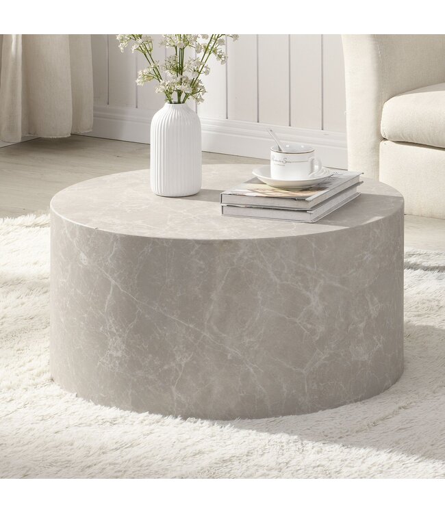Wohnling MONOBLOC salontafel 60x60x30 cm in zandkleurige steenlook, ronde design salontafel, beige loungebanktafel, moderne salontafel