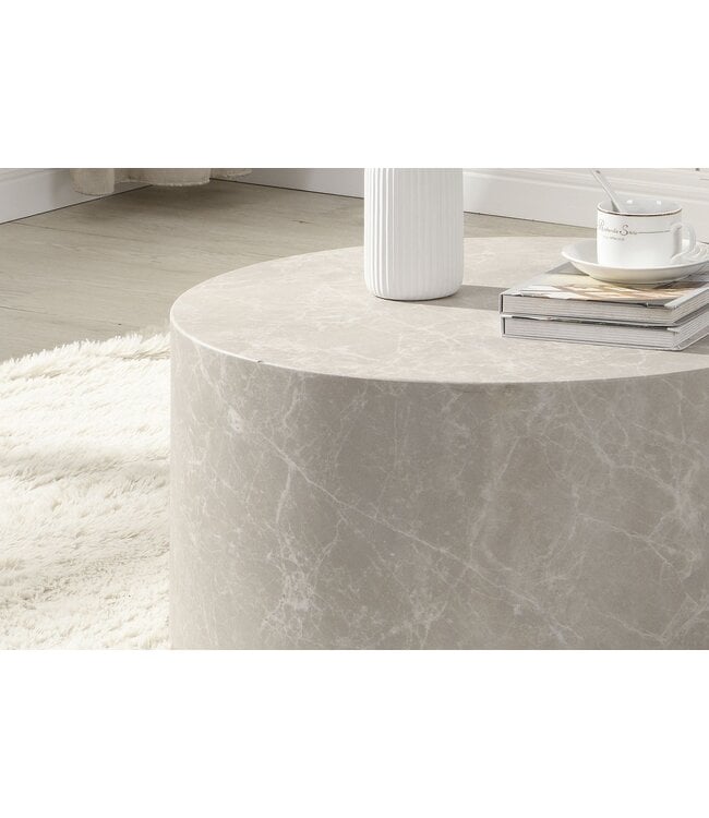 Wohnling MONOBLOC salontafel 60x60x30 cm in zandkleurige steenlook, ronde design salontafel, beige loungebanktafel, moderne salontafel