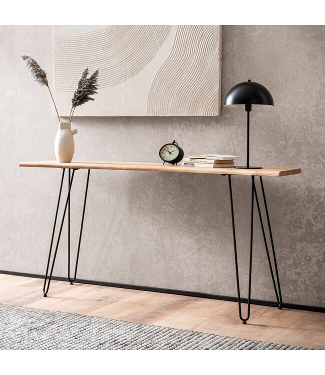 Wohnling consoletafel 150x36x75 cm acacia massief hout boomrand dressoir hal, opbergtafel met haarspeldpoten smal modern, haltafel metalen frame, haltafel lang hoog