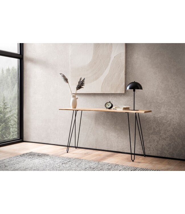 Wohnling consoletafel 150x36x75 cm acacia massief hout boomrand dressoir hal, opbergtafel met haarspeldpoten smal modern, haltafel metalen frame, haltafel lang hoog